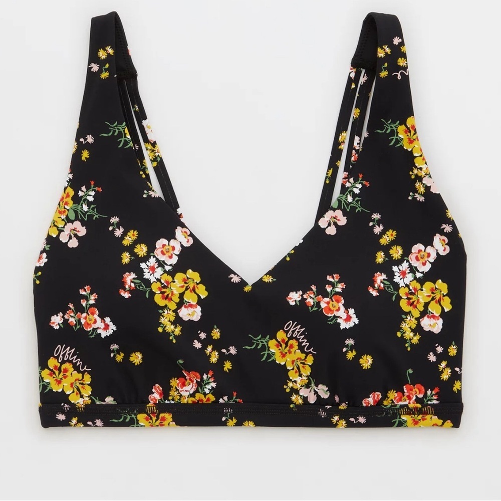Aerie Goals Plunge neck sports bra Ladies size medium true black floral